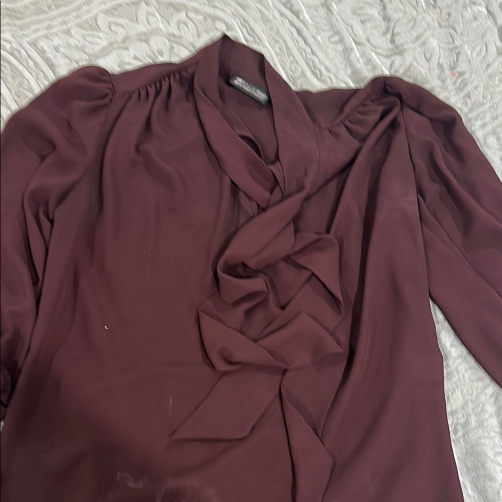 New York & Company Red Puff Sleeve Tie Front Blouse